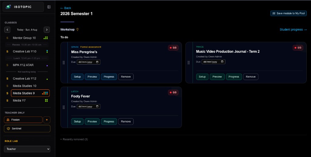 Workshop grid of Proper assessments with Setup, Preview, Progress, Remove