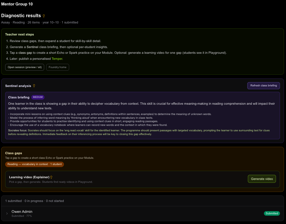 Teacher Foundry diagnostic results with Sentinel briefing and class Gap pills
