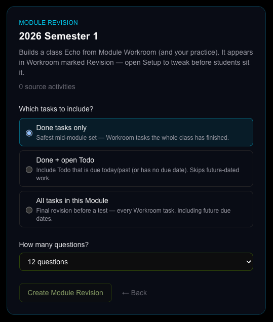 Module Revision form choosing which tasks to include and question count
